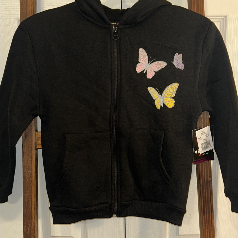 🦋Pink Velvet Black Full Zip  Hoodie with Colorful Butterfly Accents 5/25$